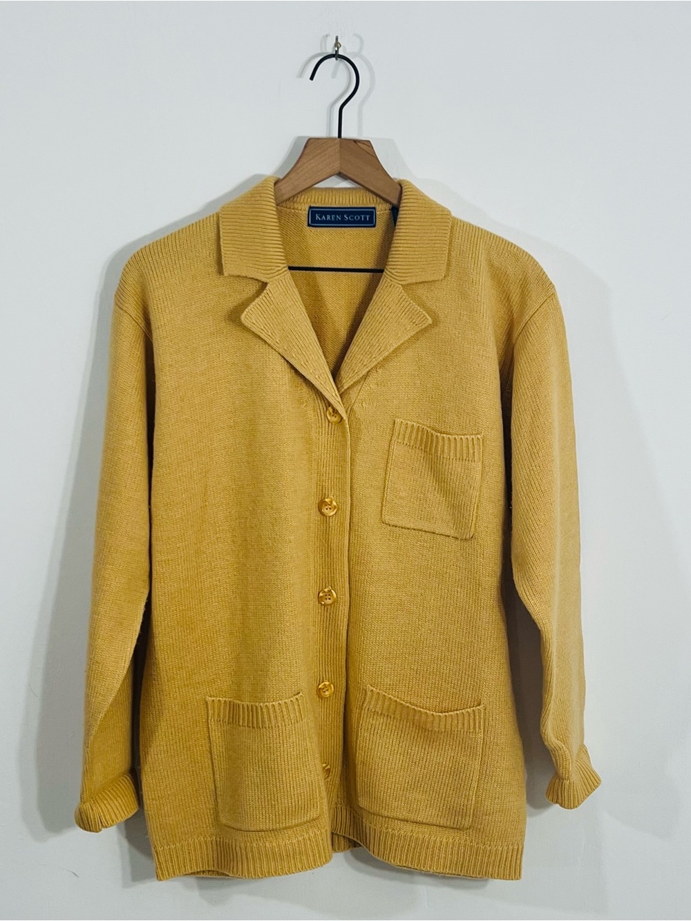 Karen Scott Mustard Cardigan Blazer Wool Blend Button Front Pockets Grandma Core